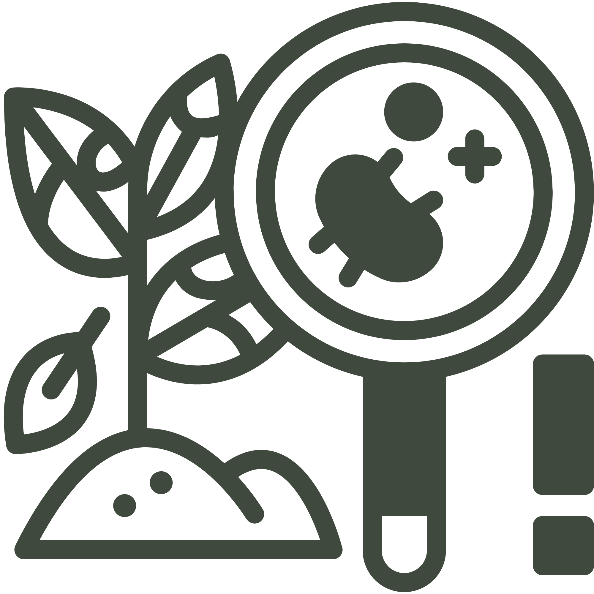 A magnifying glass next to a plant in a mount of soil.