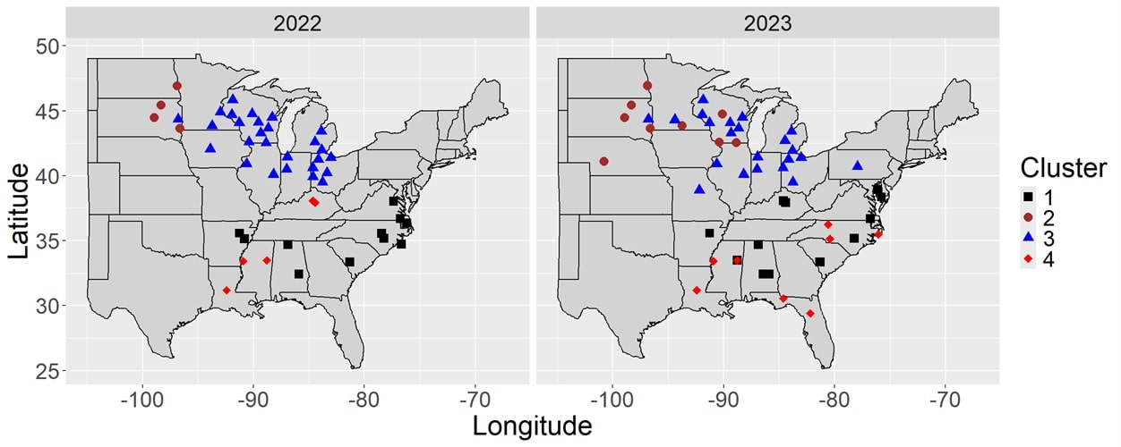 Figure containing two maps, the left map is for sites in 2022 and the right map is for sites in 2023.