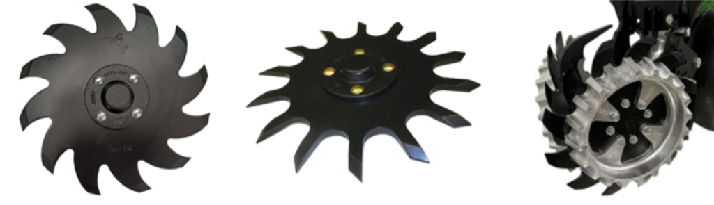 3 images of attached and unattached middle wheels on a commercial harvester.