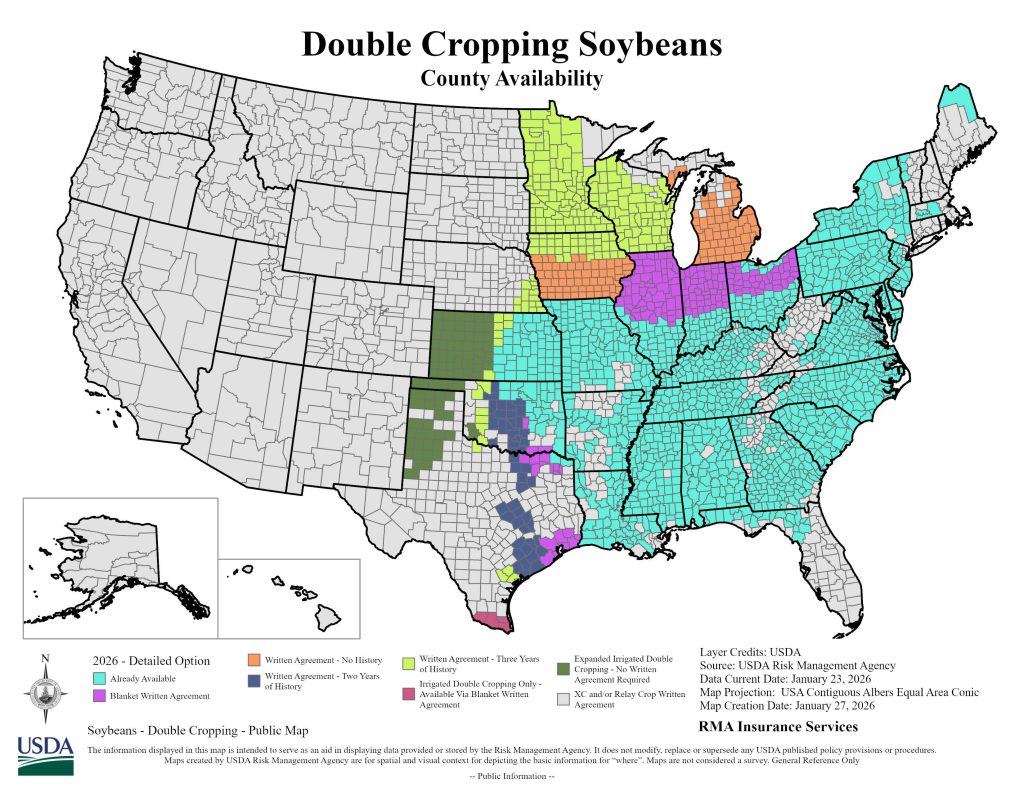Map of the US showing the RMA insurance information for double crop soybean.