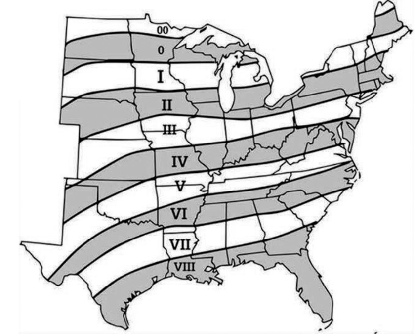 Map of most of the United States showcasing the range of different soybean maturity groups.