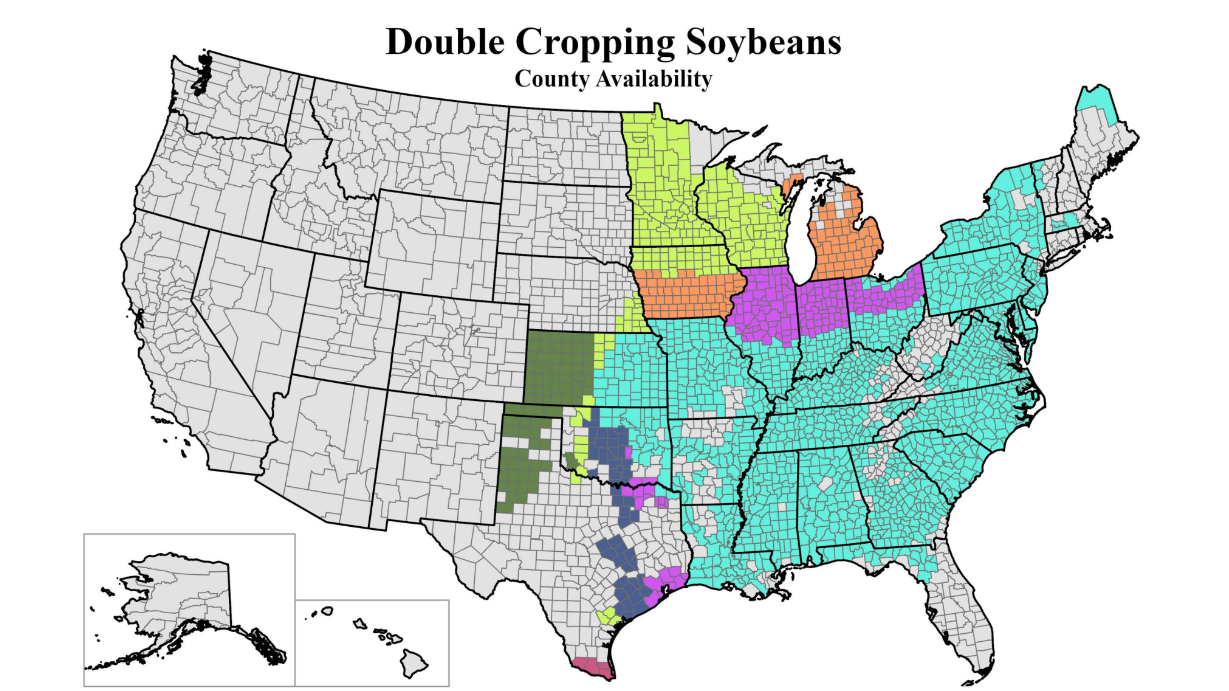 A map of the US showing double crop soybean information.