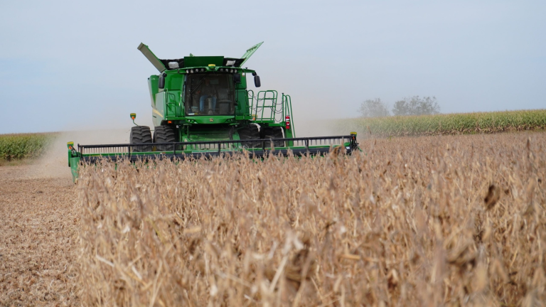 Photo of a large combine with a draper head combining mature soybeans.